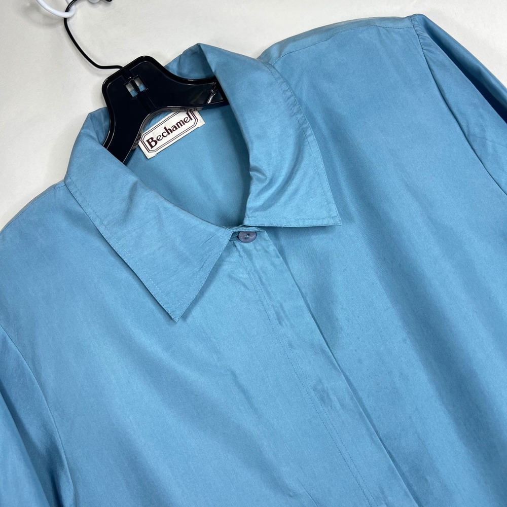 Vintage Bechamel Blue Silk Womens L 90s Short Sleeve Button Up Grandma Cottage